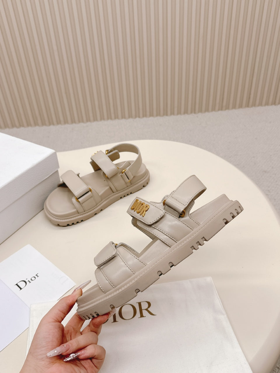 DIOR BACK-STRAP SANDALS 25S IN LIGHT BEIGE CALFSKIN WITH GOLD HARDWARE