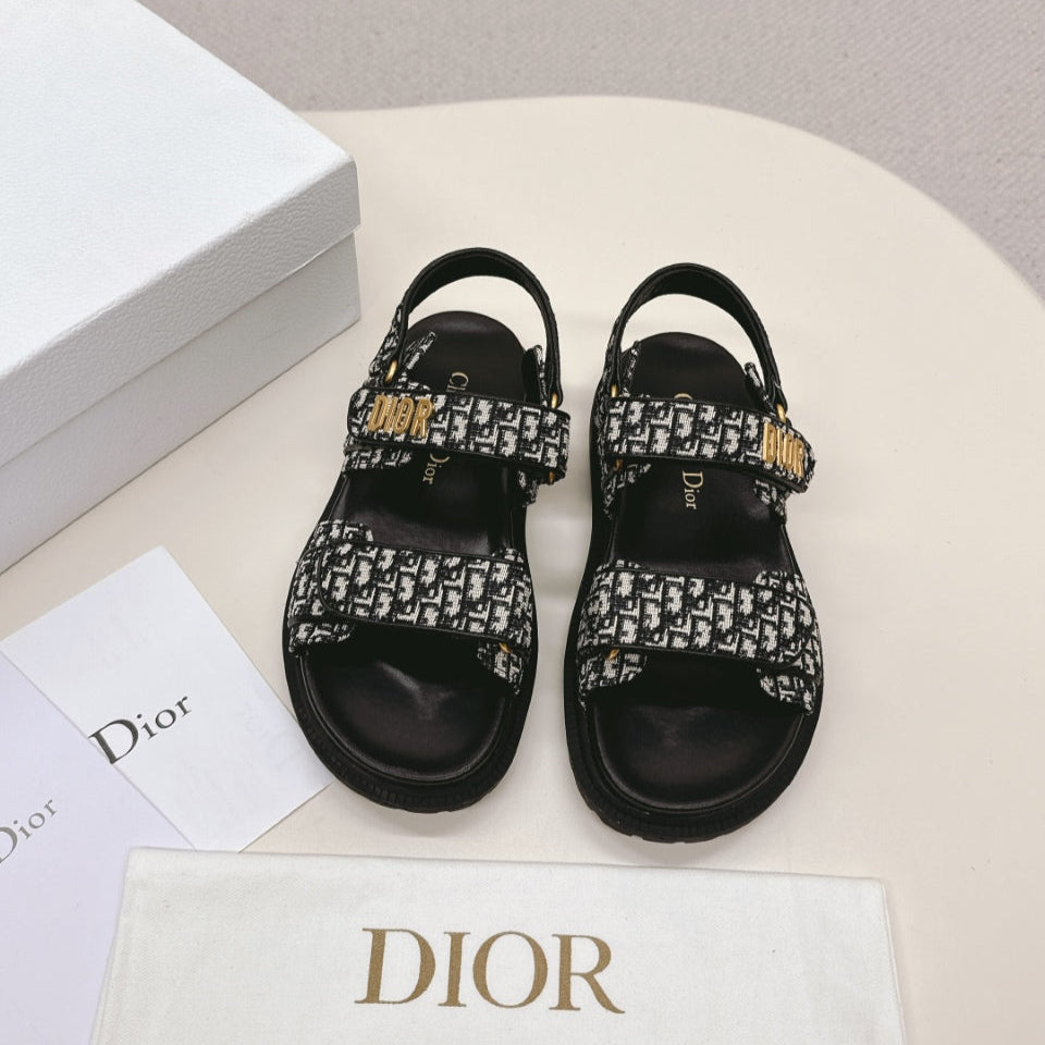 DIOR BACK-STRAP SANDALS 25S IN BLACK FABRIC AND CALFSKIN WITH GOLD HARDWARE