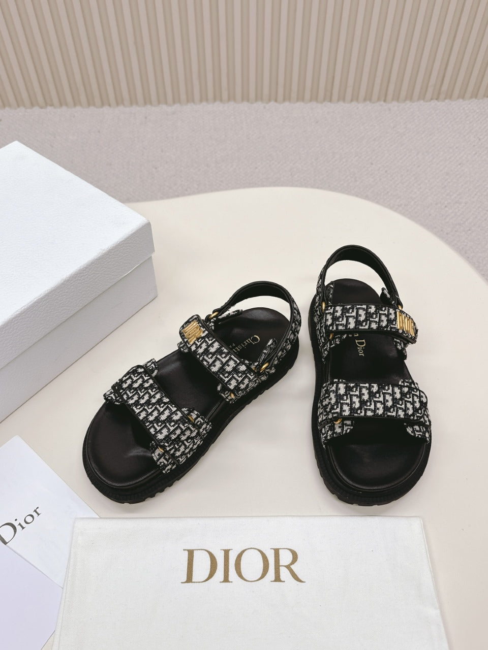 DIOR BACK-STRAP SANDALS 25S IN BLACK FABRIC AND CALFSKIN WITH GOLD HARDWARE