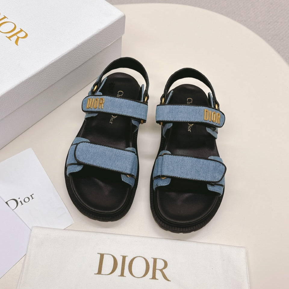 DIOR BACK-STRAP SANDALS 25S IN BLUE DENIM AND BLACK CALFSKIN WITH GOLD HARDWARE