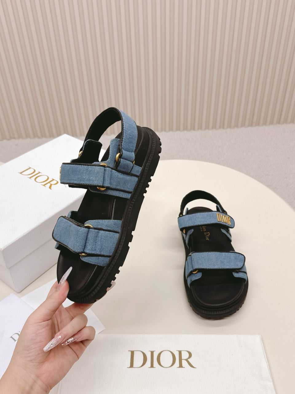 DIOR BACK-STRAP SANDALS 25S IN BLUE DENIM AND BLACK CALFSKIN WITH GOLD HARDWARE
