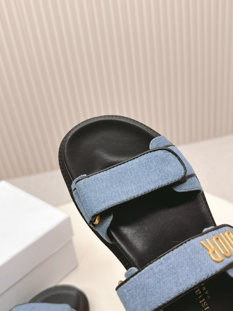 DIOR BACK-STRAP SANDALS 25S IN BLUE DENIM AND BLACK CALFSKIN WITH GOLD HARDWARE