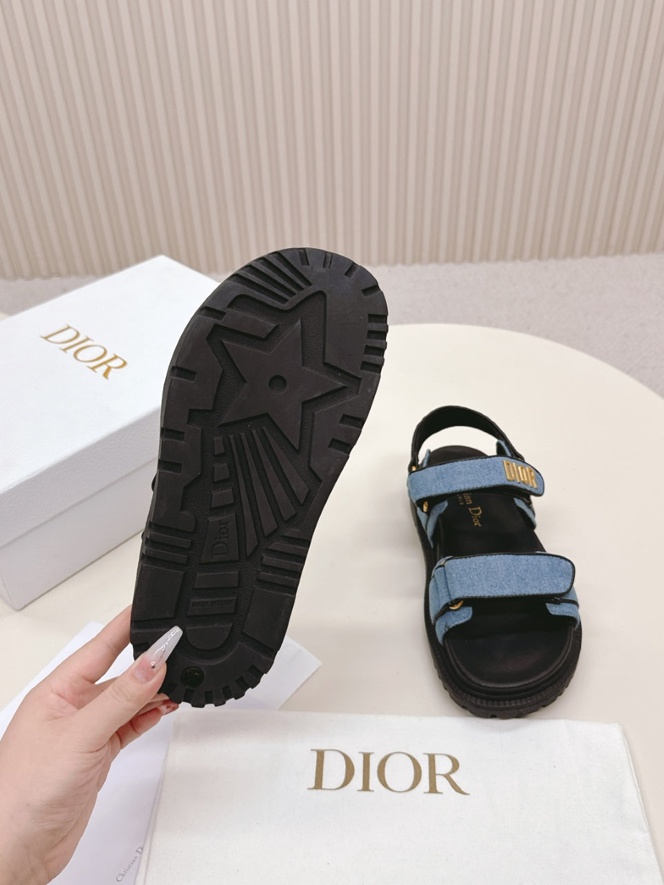 DIOR BACK-STRAP SANDALS 25S IN BLUE DENIM AND BLACK CALFSKIN WITH GOLD HARDWARE