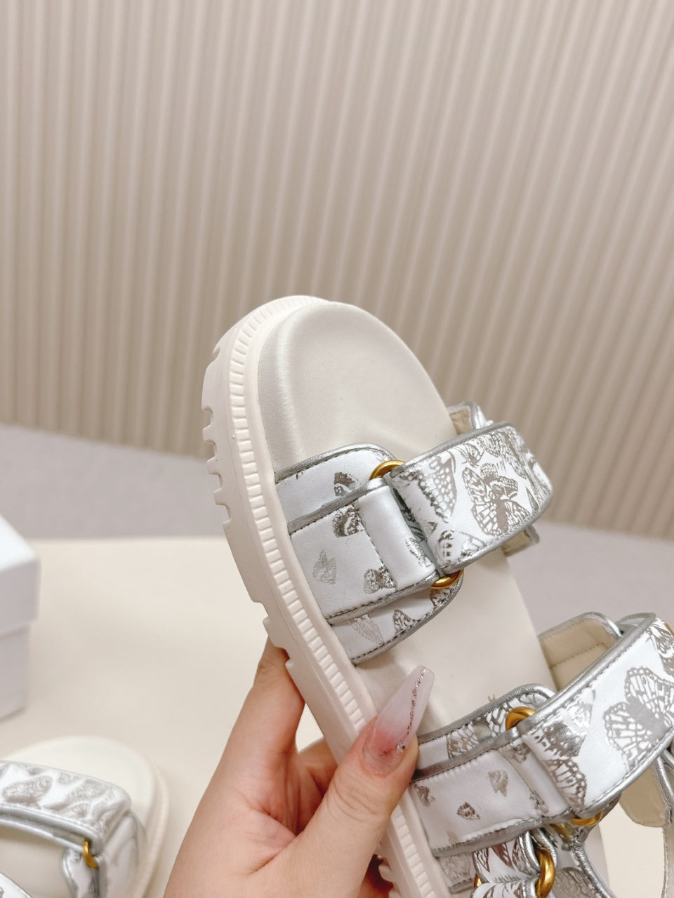 DIOR BACK-STRAP SANDALS 25S IN CREAM WHITE AND SILVER CALFSKIN WITH BUTTERFLY MOTIF