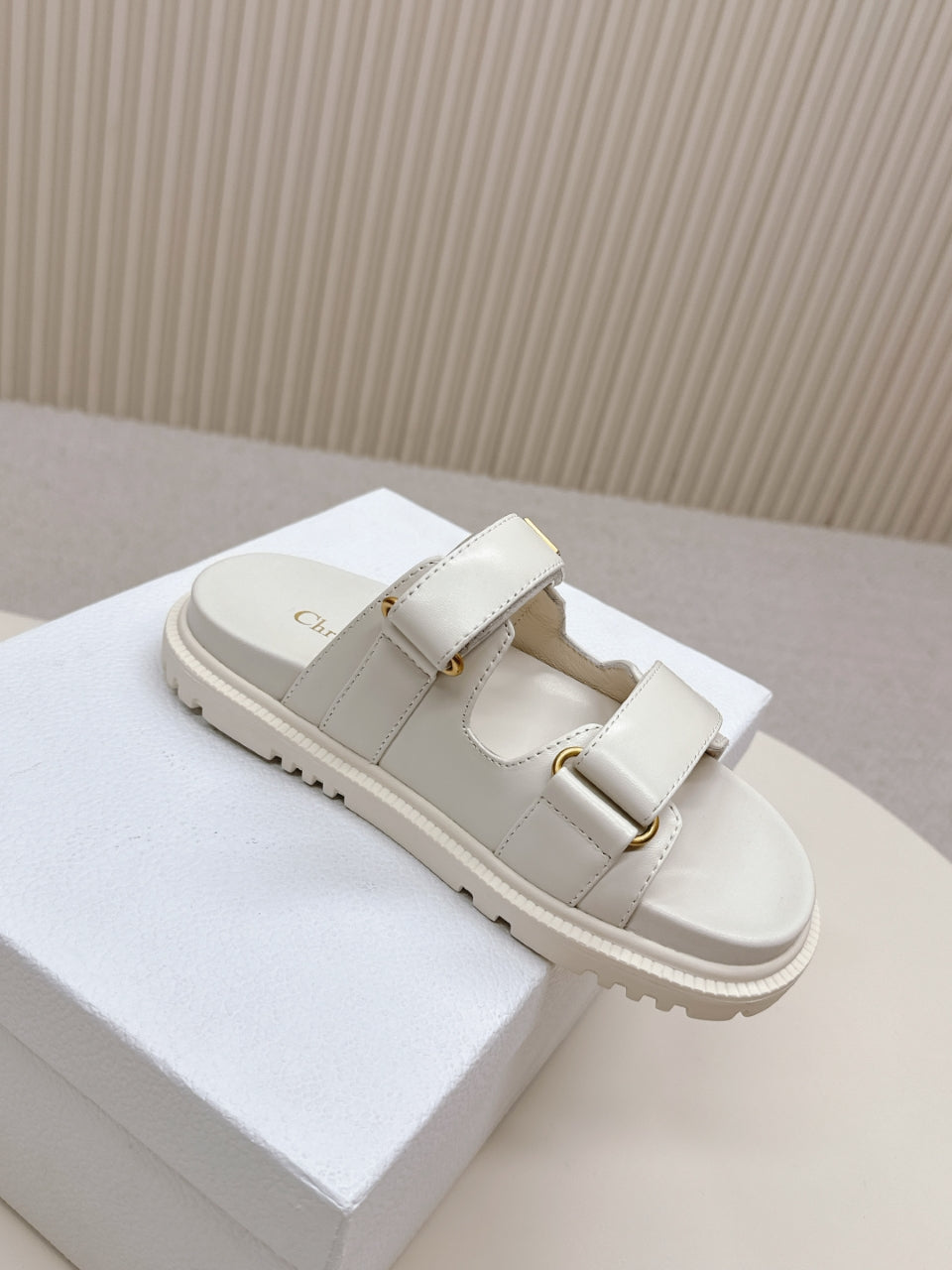 DIOR CLASSIC DOUBLE-STRAP SLIDES 25S IN CREAM WHITE CALFSKIN