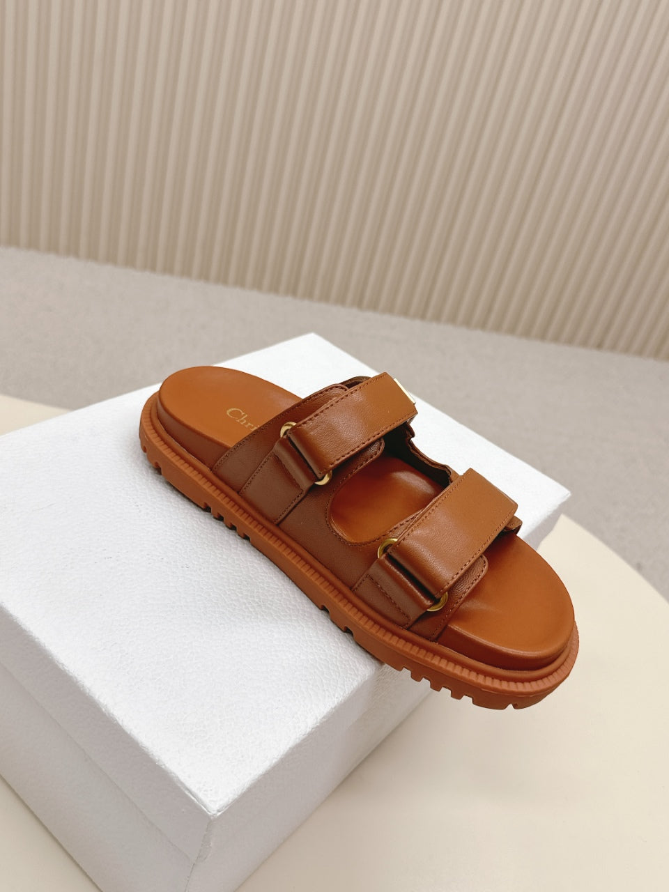 DIOR CLASSIC DOUBLE-STRAP SLIDES 25S IN BROWN CALFSKIN