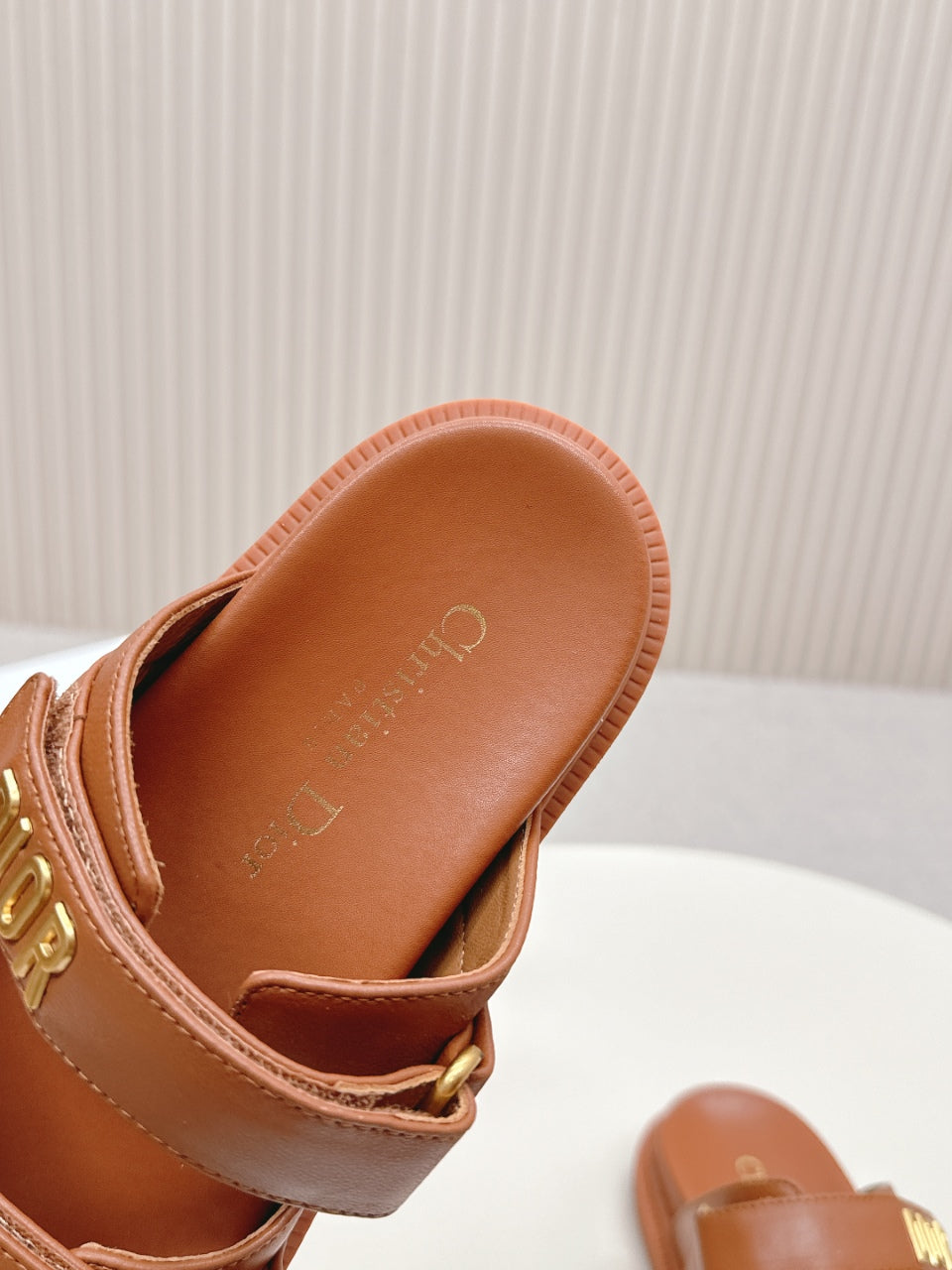 DIOR CLASSIC DOUBLE-STRAP SLIDES 25S IN BROWN CALFSKIN