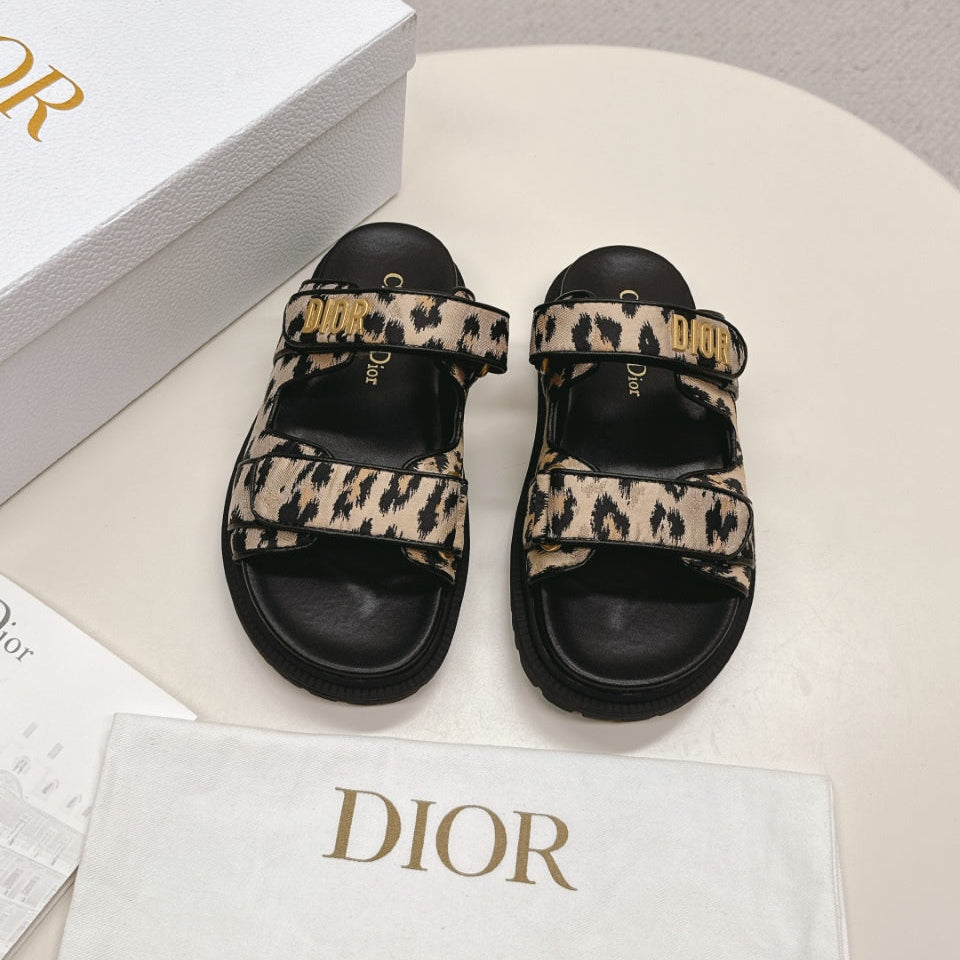 DIOR CLASSIC DOUBLE-STRAP SLIDES 25S IN BROWN MIX BLACK FABRIC AND CALFSKIN WITH LEOPARD PRINT