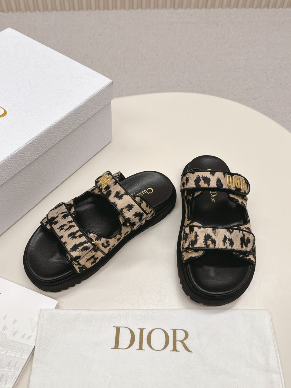 DIOR CLASSIC DOUBLE-STRAP SLIDES 25S IN BROWN MIX BLACK FABRIC AND CALFSKIN WITH LEOPARD PRINT