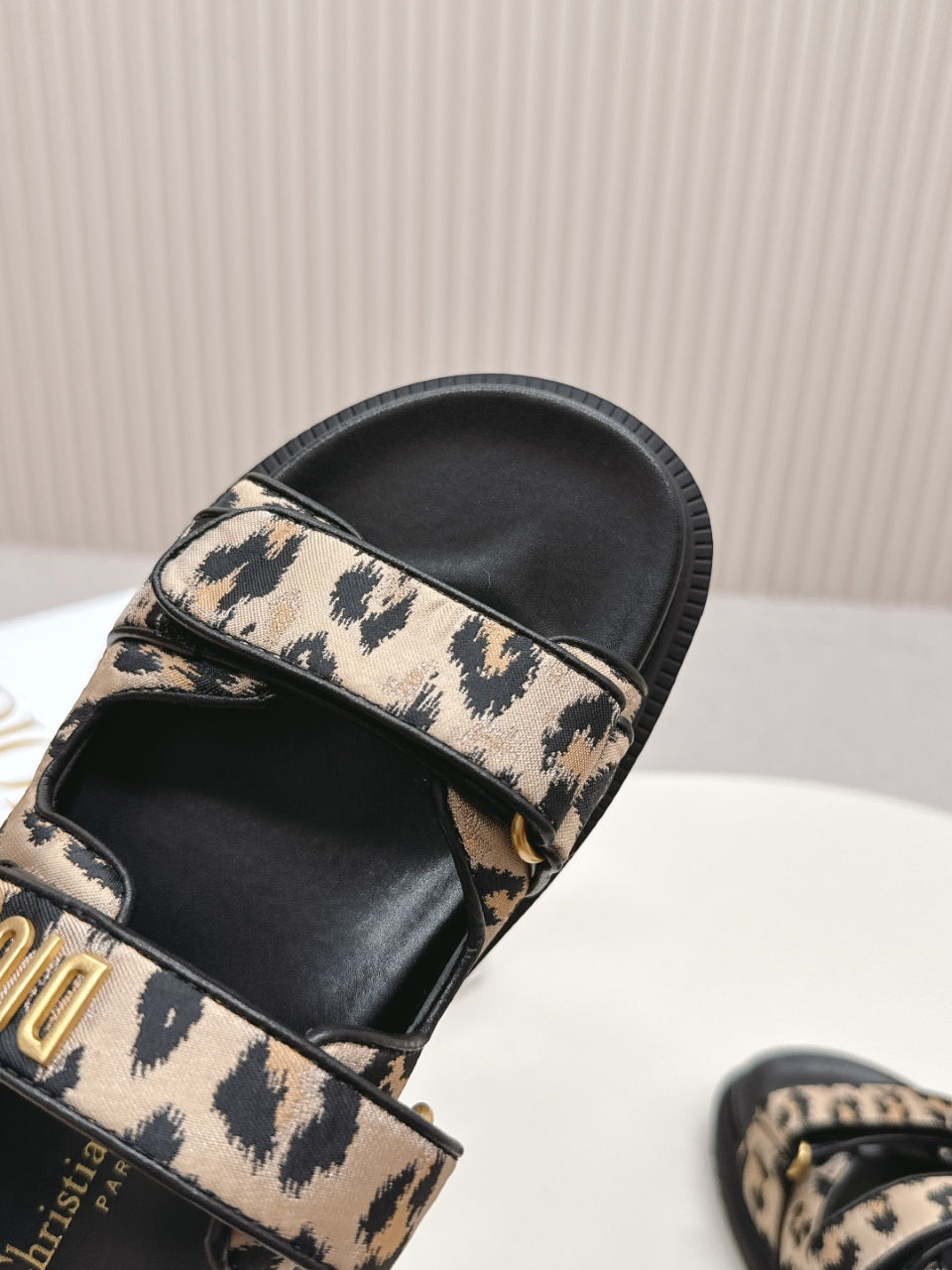 DIOR CLASSIC DOUBLE-STRAP SLIDES 25S IN BROWN MIX BLACK FABRIC AND CALFSKIN WITH LEOPARD PRINT