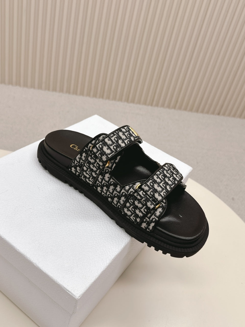 DIOR CLASSIC DOUBLE-STRAP SLIDES 25S IN BLACK FABRIC AND CALFSKIN