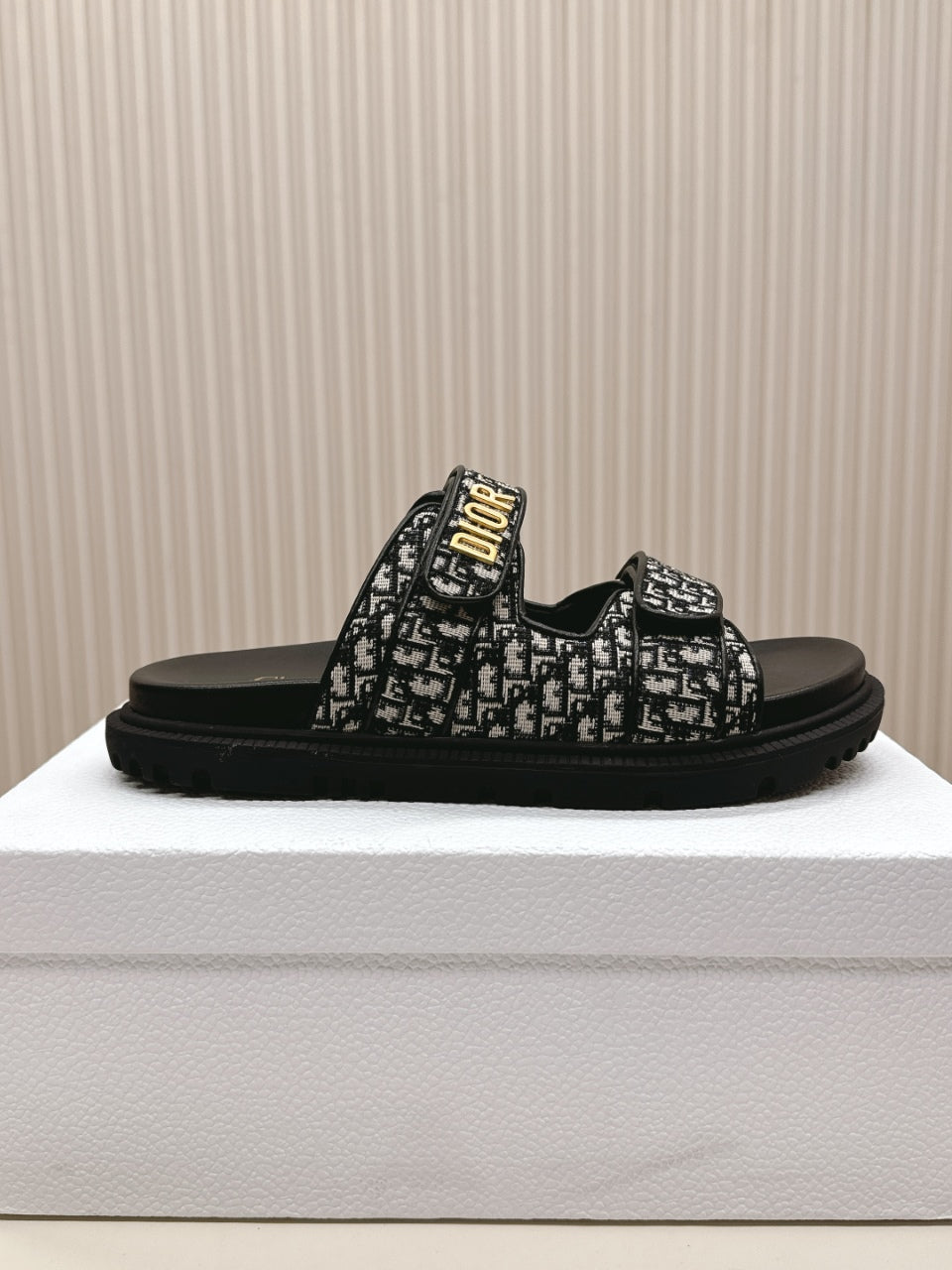 DIOR CLASSIC DOUBLE-STRAP SLIDES 25S IN BLACK FABRIC AND CALFSKIN