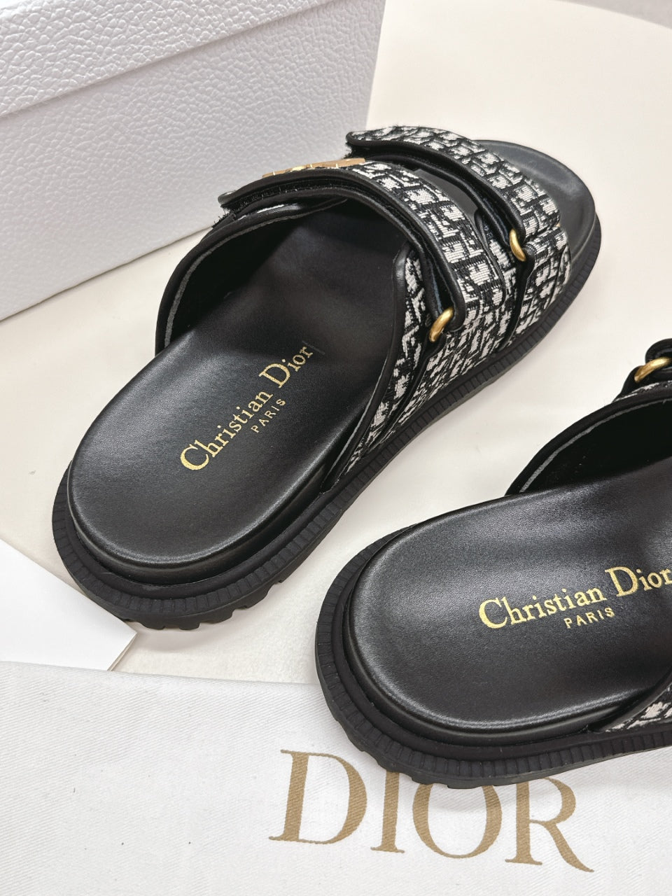 DIOR CLASSIC DOUBLE-STRAP SLIDES 25S IN BLACK FABRIC AND CALFSKIN