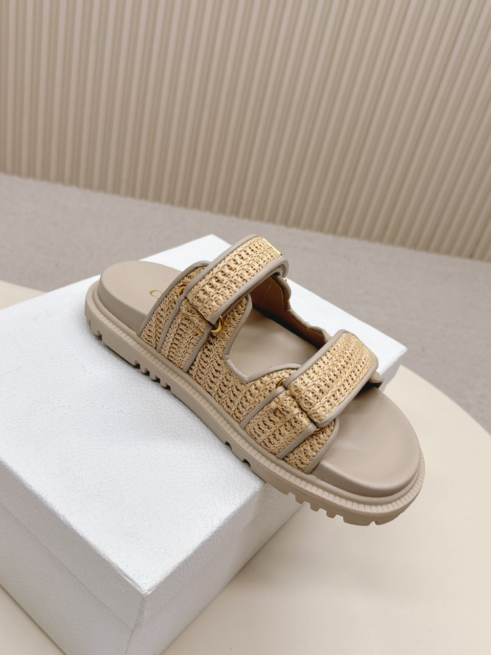 DIOR CLASSIC DOUBLE-STRAP SLIDES 25S IN BEIGE RAFFIA AND TAUPE BEIGE CALFSKIN