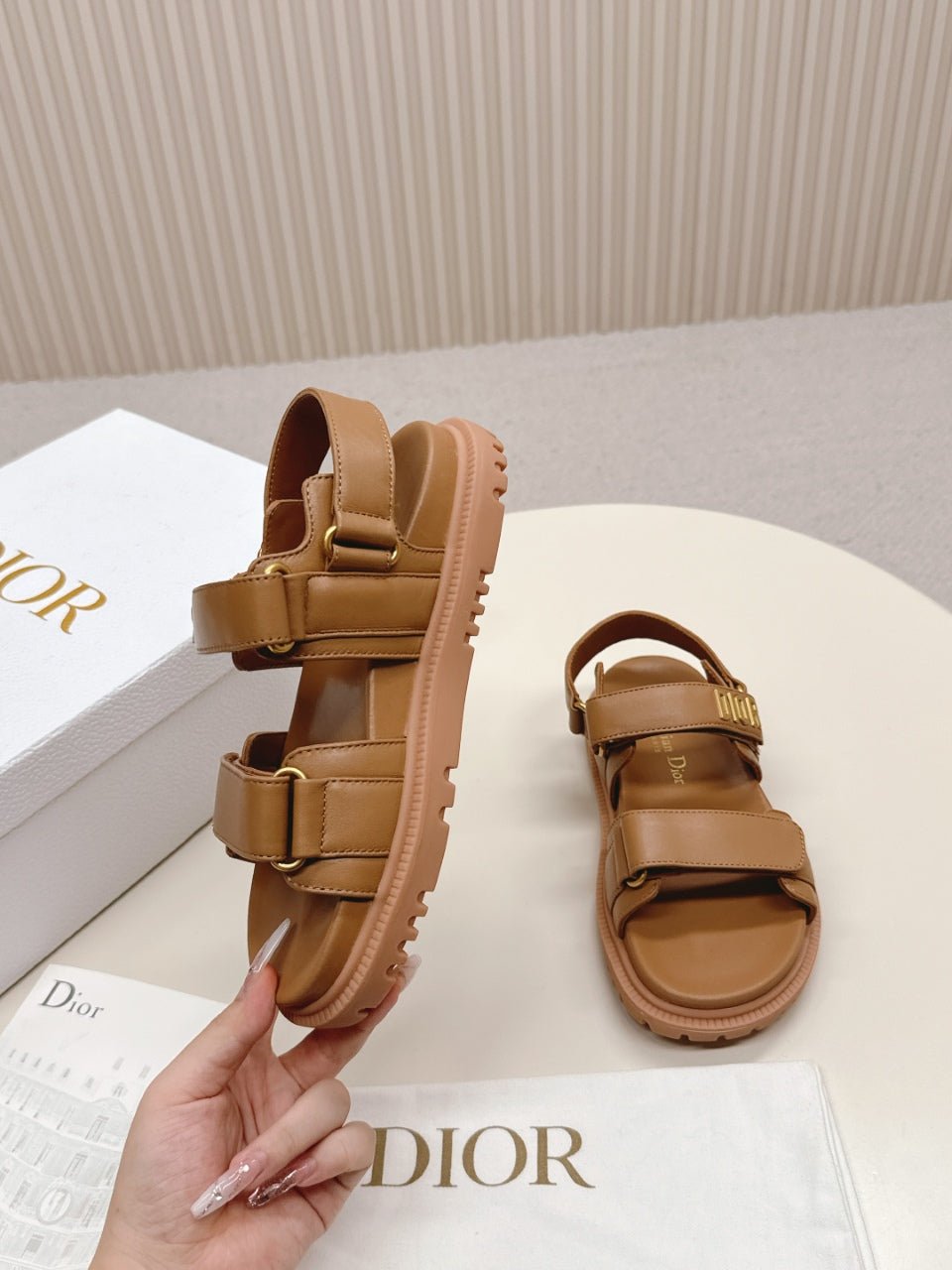DIOR BACK-STRAP SANDALS 25S IN BROWN CALFSKIN WITH GOLD HARDWARE