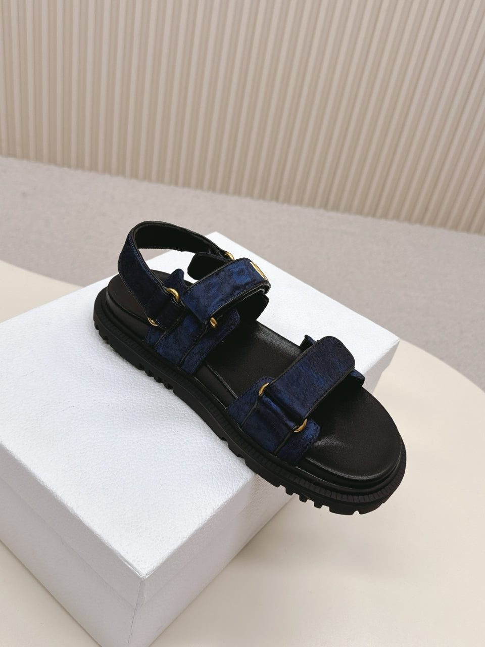 DIOR BACK-STRAP SANDALS 25S IN MIDNIGHT BLUE FABRIC AND BLACK CALFSKIN WITH GOLD HARDWARE