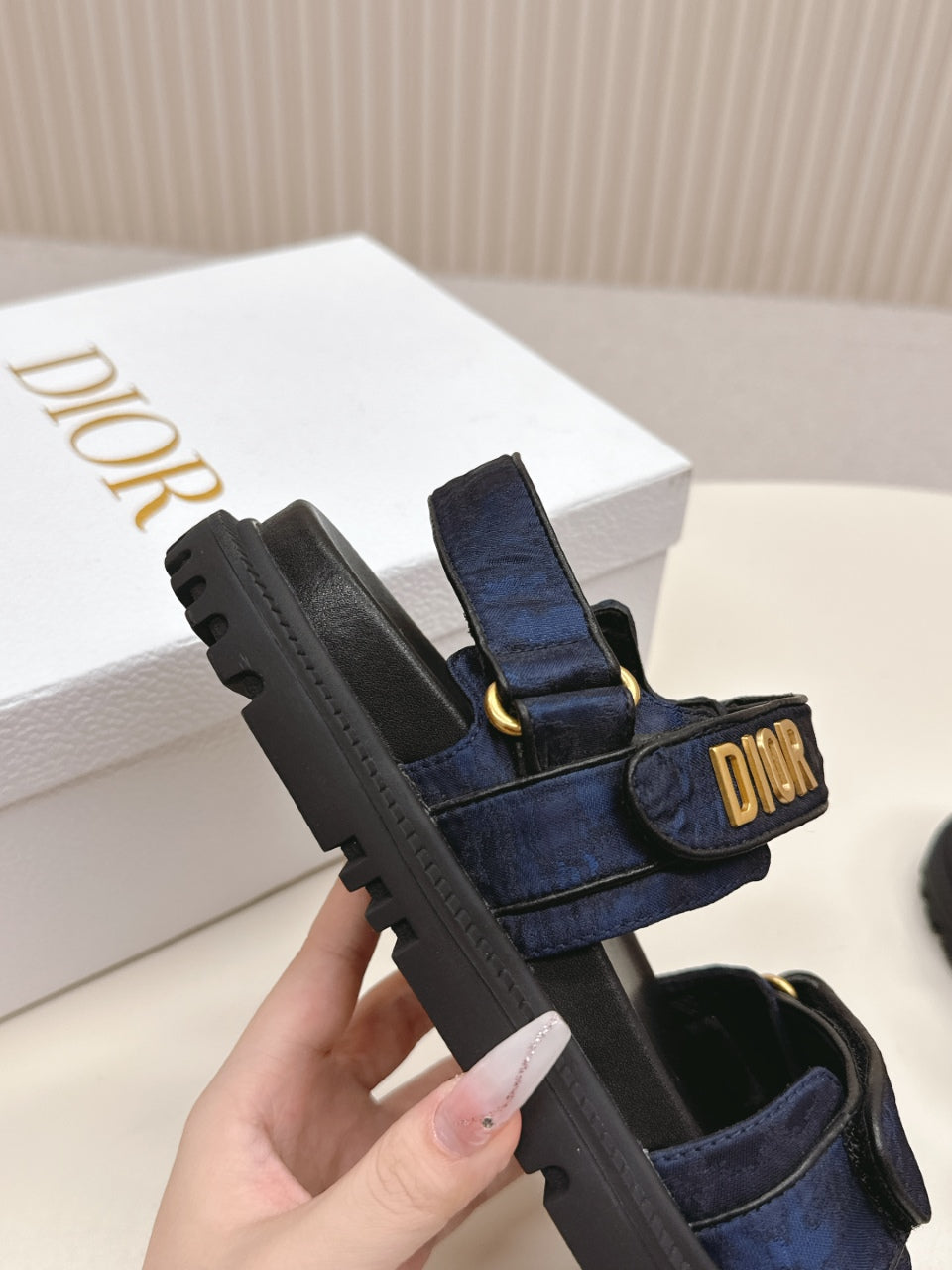 DIOR BACK-STRAP SANDALS 25S IN MIDNIGHT BLUE FABRIC AND BLACK CALFSKIN WITH GOLD HARDWARE