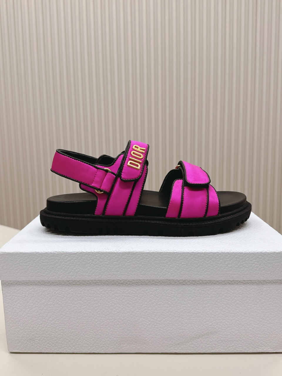 DIOR BACK-STRAP SANDALS 25S IN DARK PINK FABRIC AND BLACK CALFSKIN WITH GOLD HARDWARE