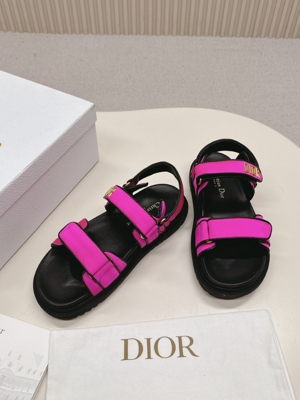 DIOR BACK-STRAP SANDALS 25S IN DARK PINK FABRIC AND BLACK CALFSKIN WITH GOLD HARDWARE