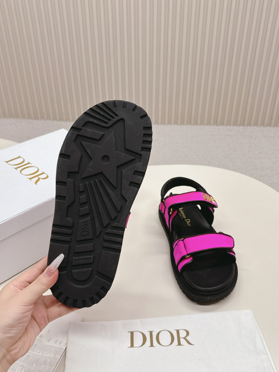 DIOR BACK-STRAP SANDALS 25S IN DARK PINK FABRIC AND BLACK CALFSKIN WITH GOLD HARDWARE