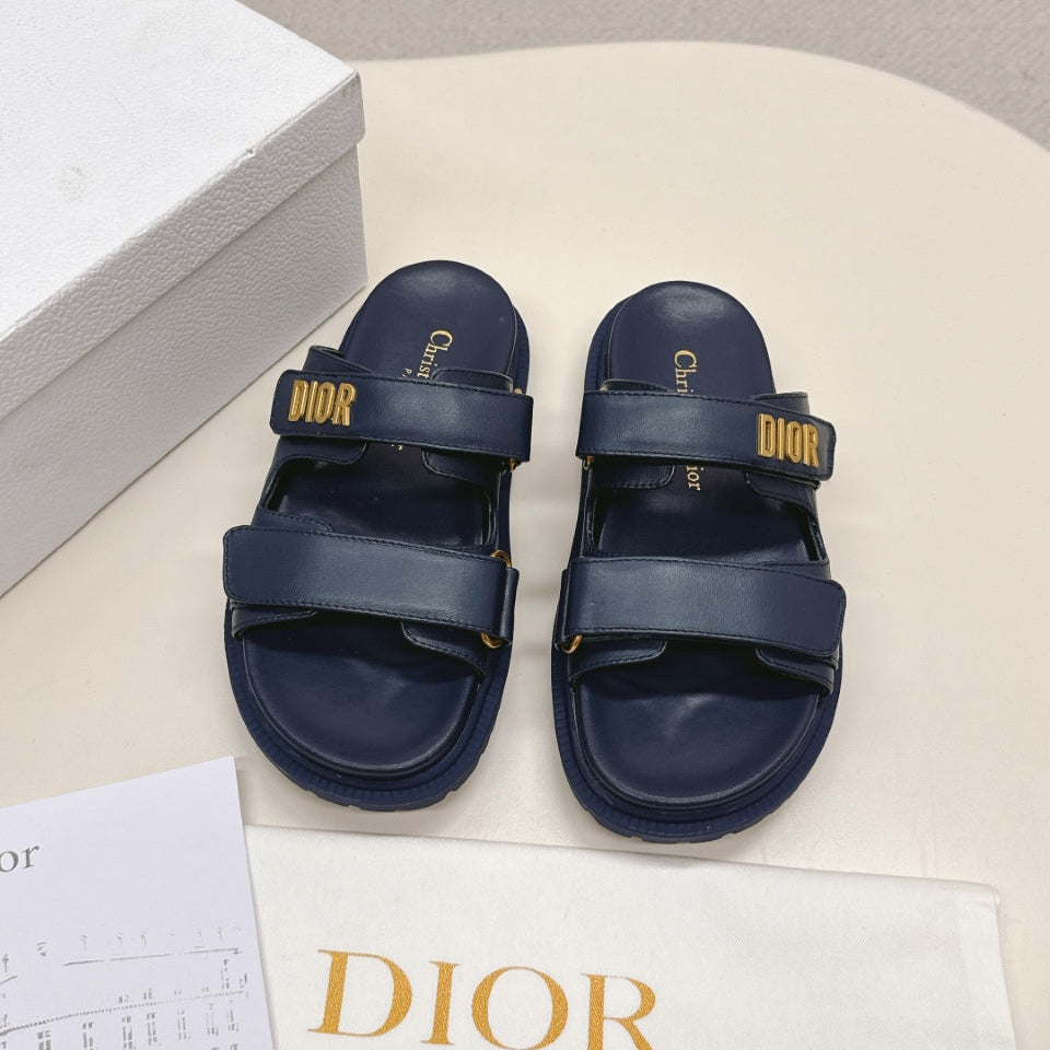DIOR CLASSIC DOUBLE-STRAP SLIDES 25S IN MIDNIGHT BLUE CALFSKIN