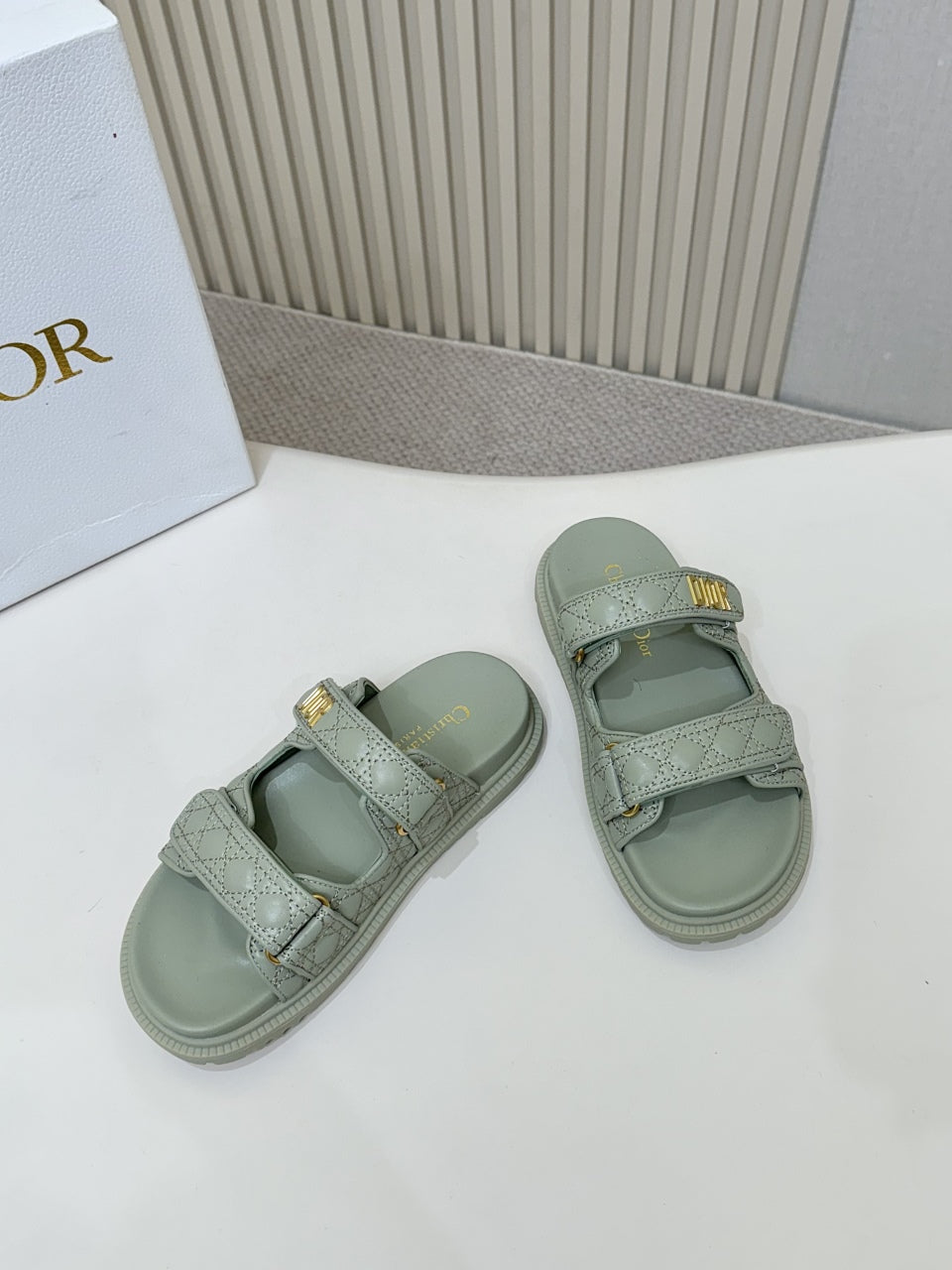 DIOR CLASSIC DOUBLE-STRAP SLIDES 25S IN PALE TEAL GRAY CALFSKIN
