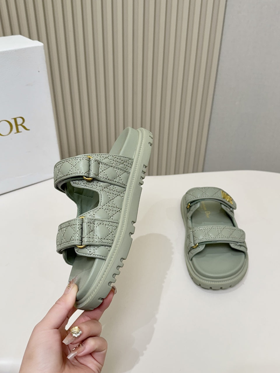 DIOR CLASSIC DOUBLE-STRAP SLIDES 25S IN PALE TEAL GRAY CALFSKIN