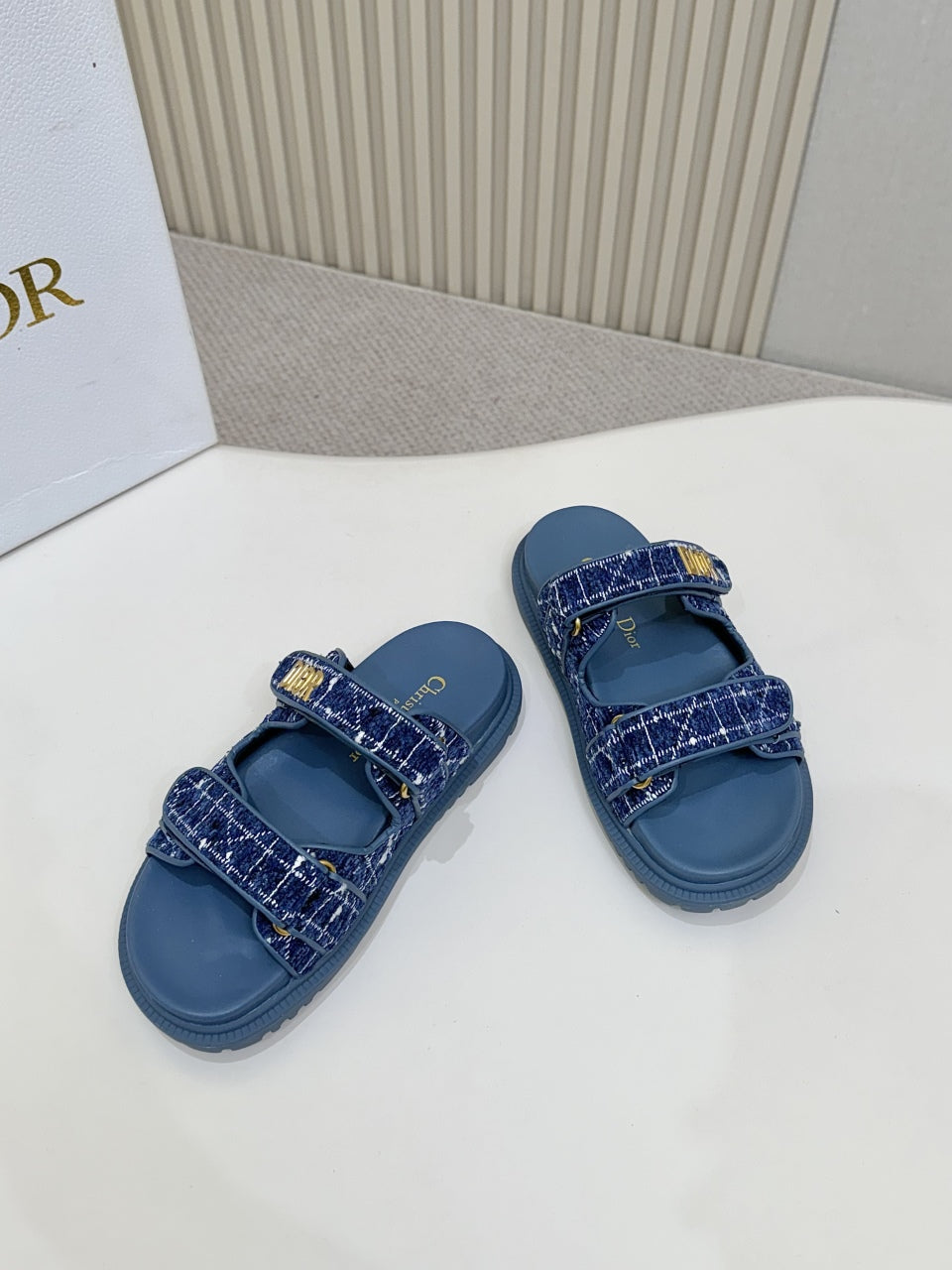 DIOR CLASSIC DOUBLE-STRAP SLIDES 25S IN NAVY BLUE TWEED AND CALFSKIN