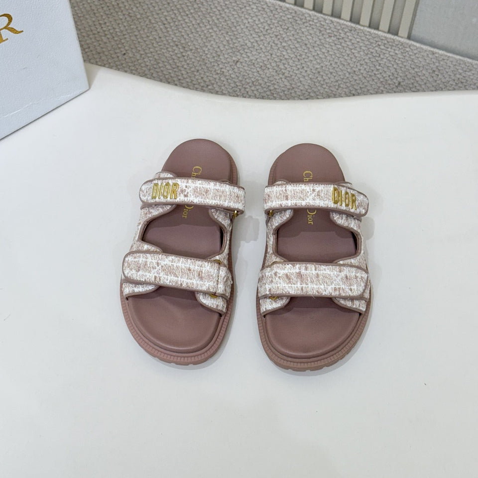 DIOR CLASSIC DOUBLE-STRAP SLIDES 25S IN ROSE BROWN TWEED AND CALFSKIN