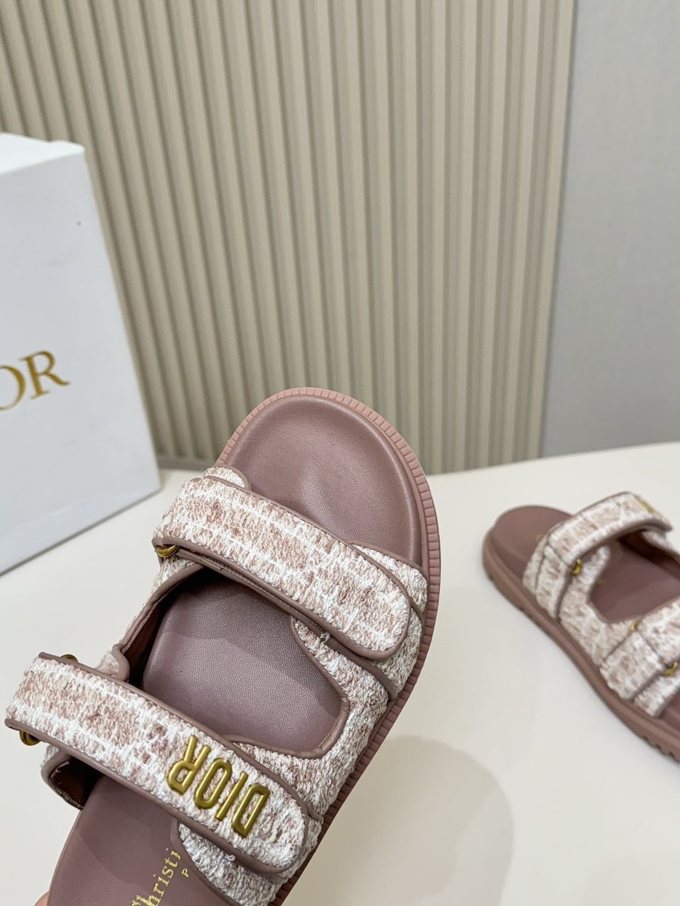 DIOR CLASSIC DOUBLE-STRAP SLIDES 25S IN ROSE BROWN TWEED AND CALFSKIN