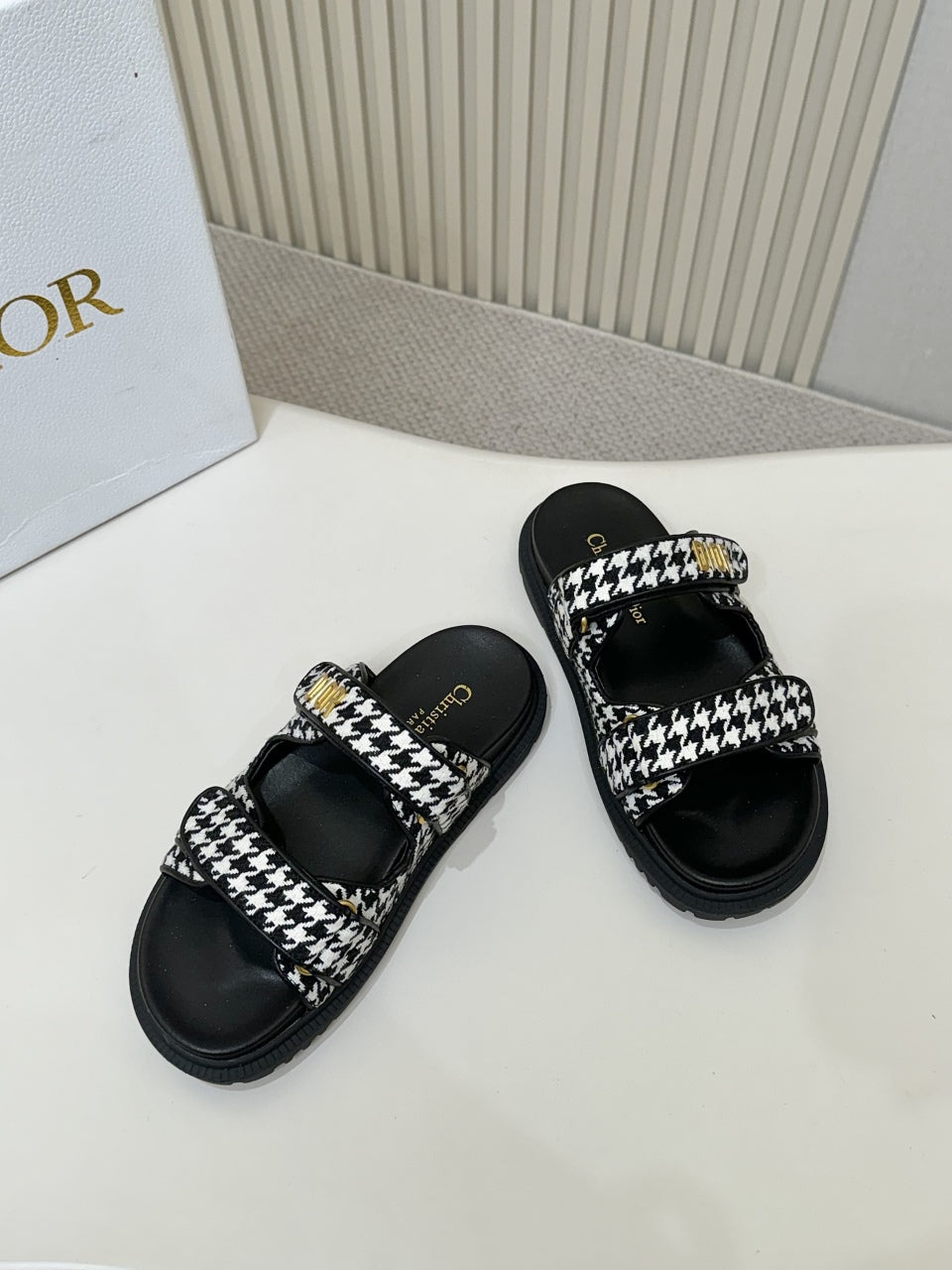 DIOR CLASSIC DOUBLE-STRAP SLIDES 25S IN WHITE MIX BLACK TWEED AND CALFSKIN