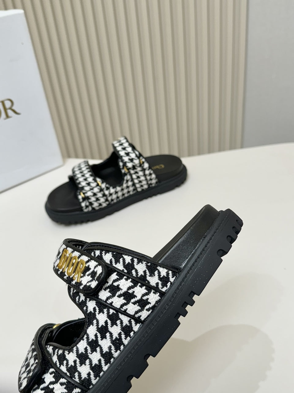 DIOR CLASSIC DOUBLE-STRAP SLIDES 25S IN WHITE MIX BLACK TWEED AND CALFSKIN