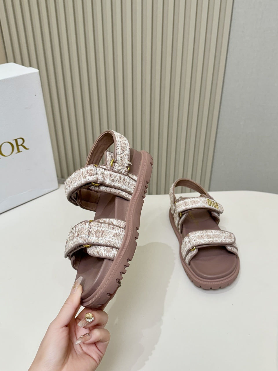 DIOR BACK-STRAP SANDALS 25S IN DEEP MAUVE BROWN TWEED AND CALFSKIN