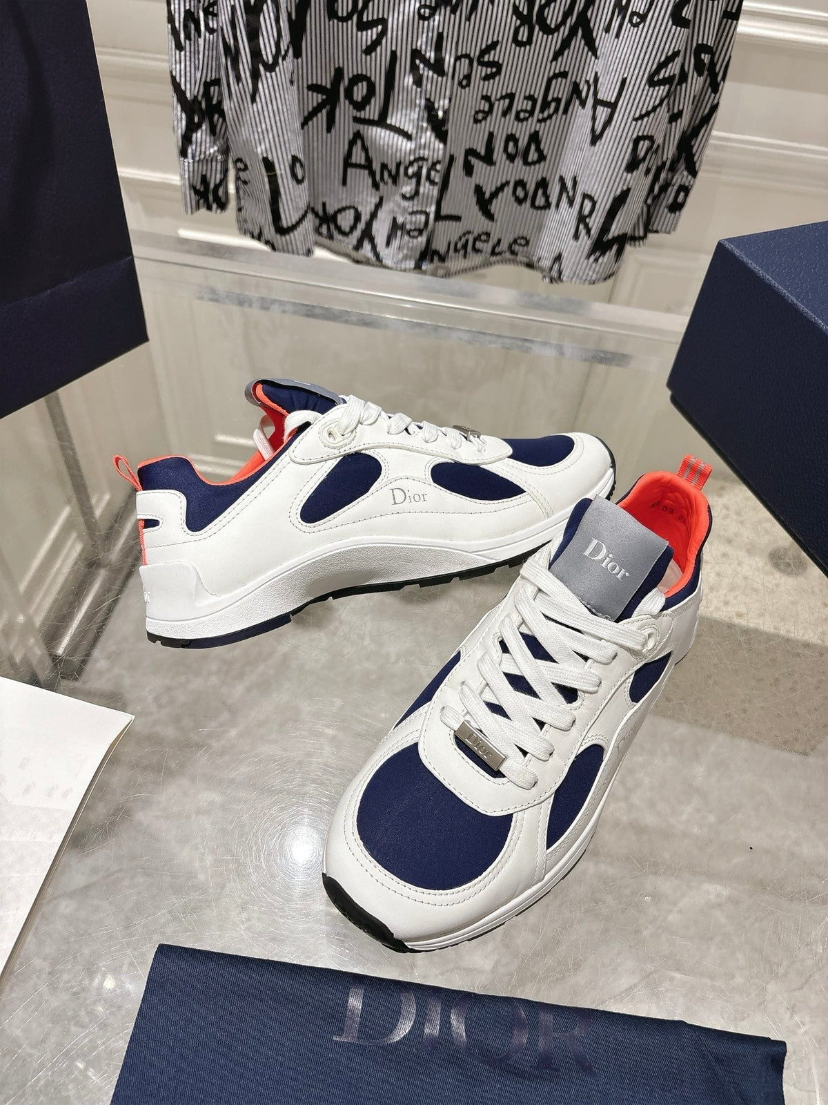 DIOR 25S MILE SERIES SNEAKERS 25MM IN WHITE BLUE CALFSKIN