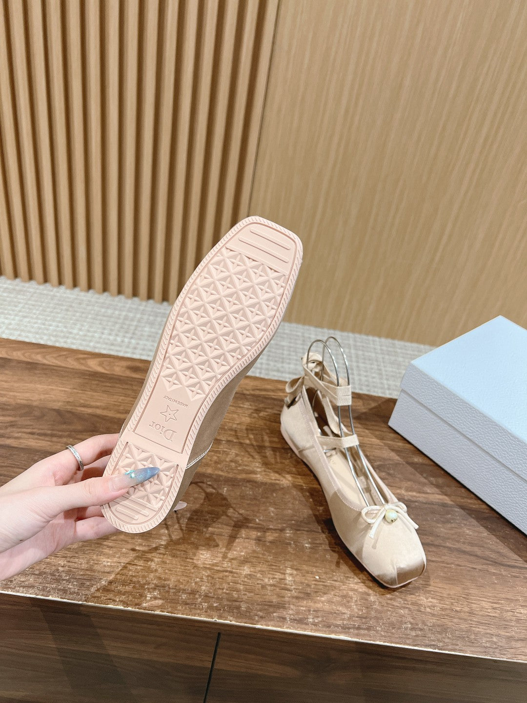 DIOR CLASSIC LACE-UP BALLET FLATS 25S IN NUDE SATIN PEARL DETAILING