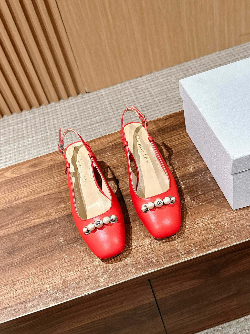 DIOR HIGH SLINGBACK 55 MM 25S IN RED LAMBSKIN PEARL DETAILING