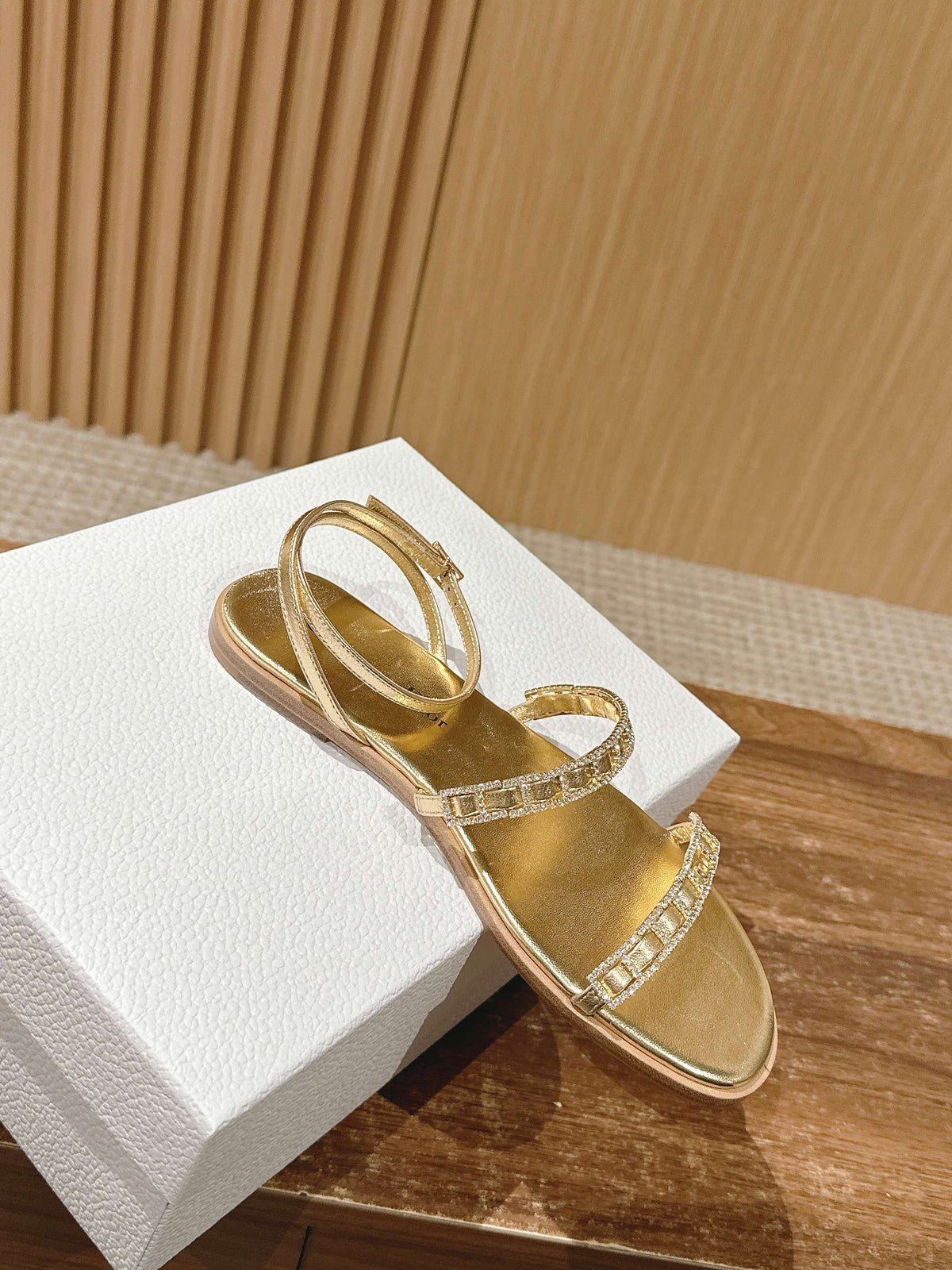 DIOR TWO-STRAP RHINESTONE SANDALS IN GOLD LAMBSKIN