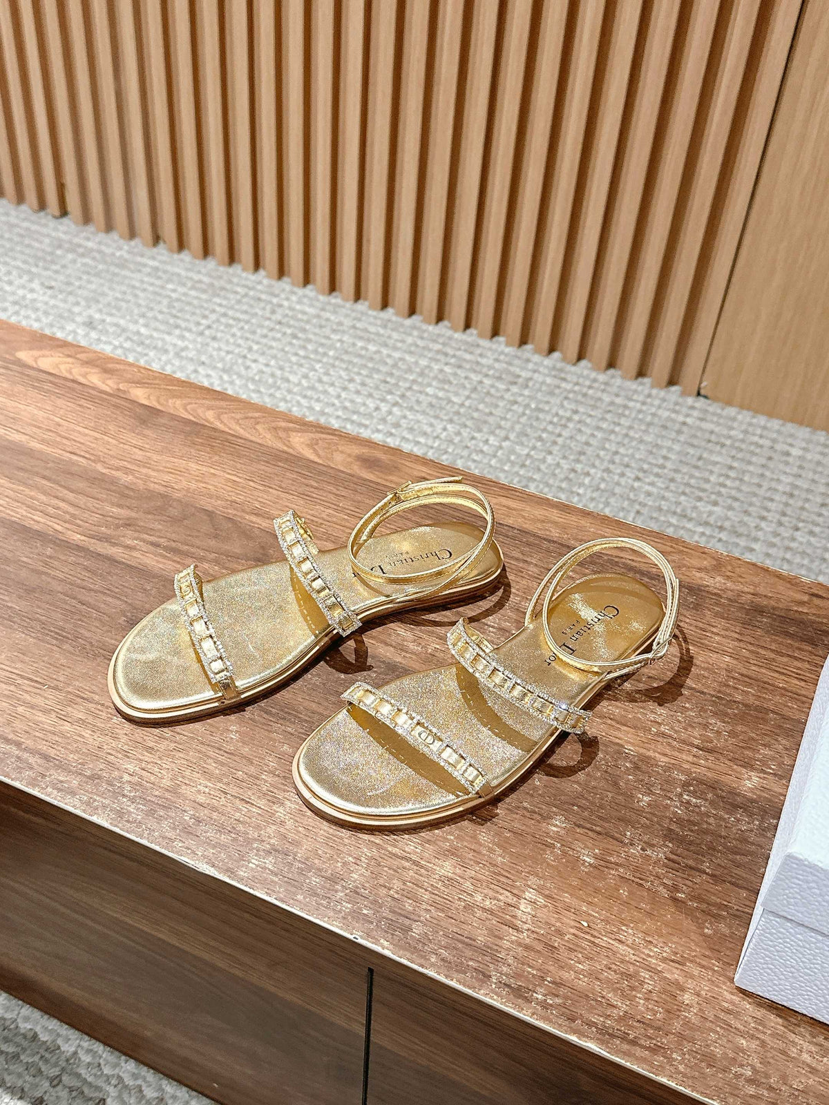 DIOR TWO-STRAP RHINESTONE SANDALS IN GOLD LAMBSKIN