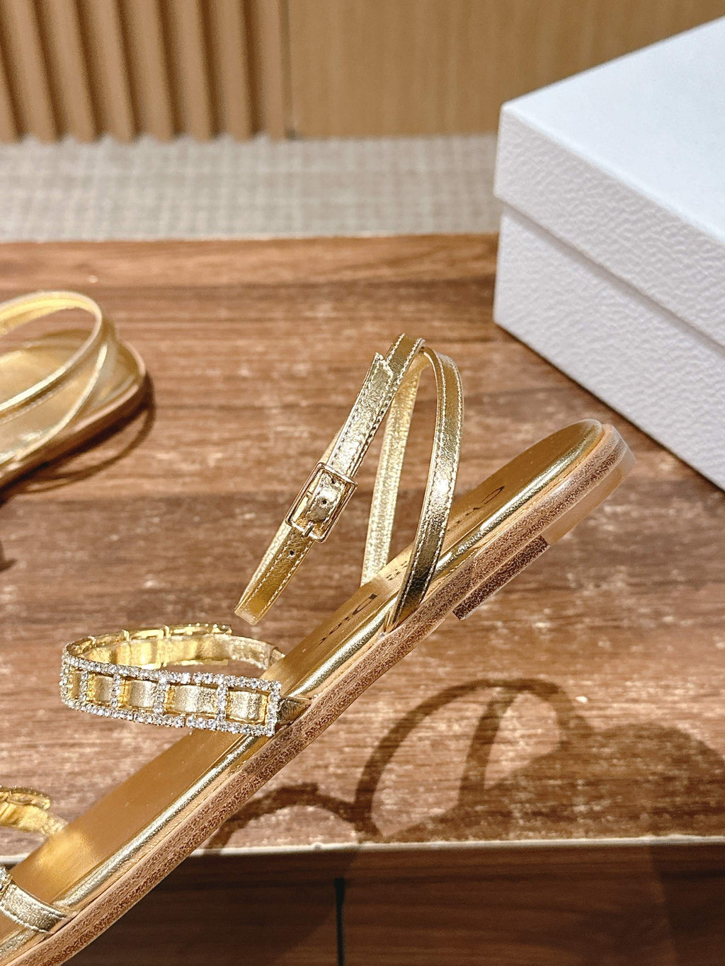 DIOR TWO-STRAP RHINESTONE SANDALS IN GOLD LAMBSKIN
