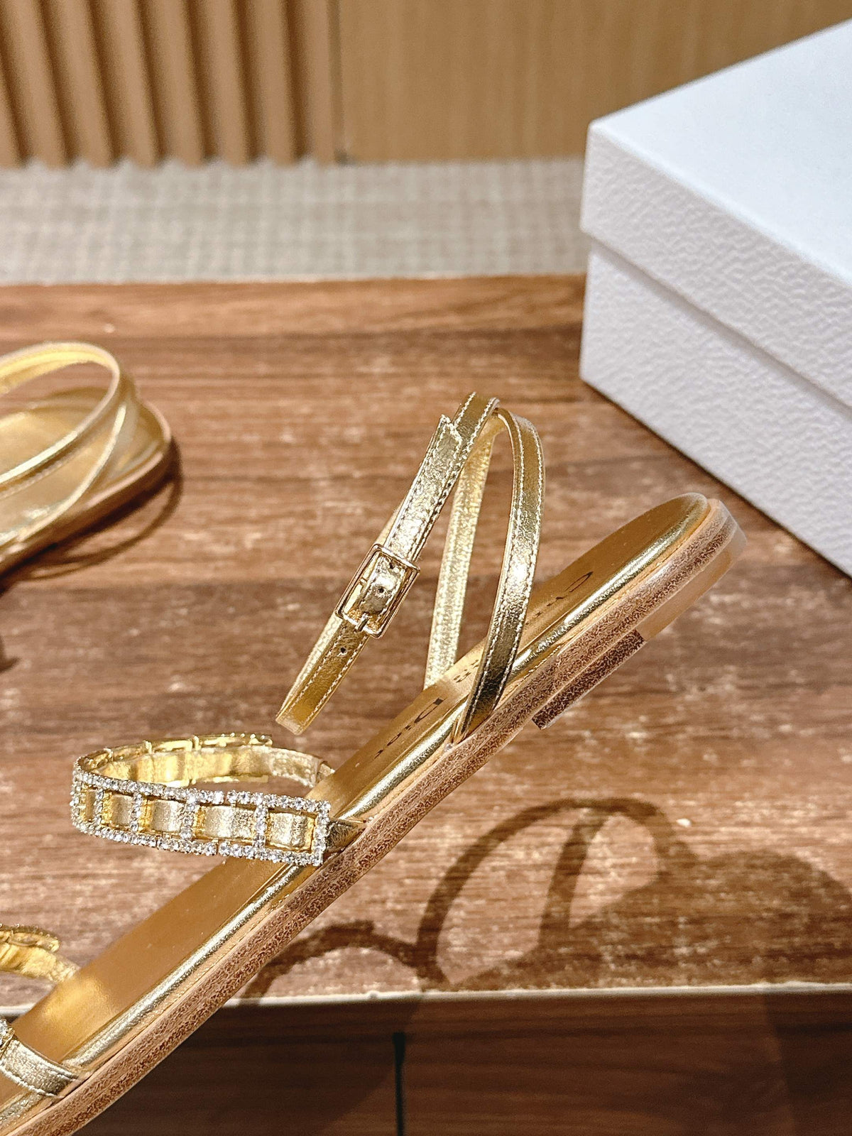 DIOR TWO-STRAP RHINESTONE SANDALS IN GOLD LAMBSKIN