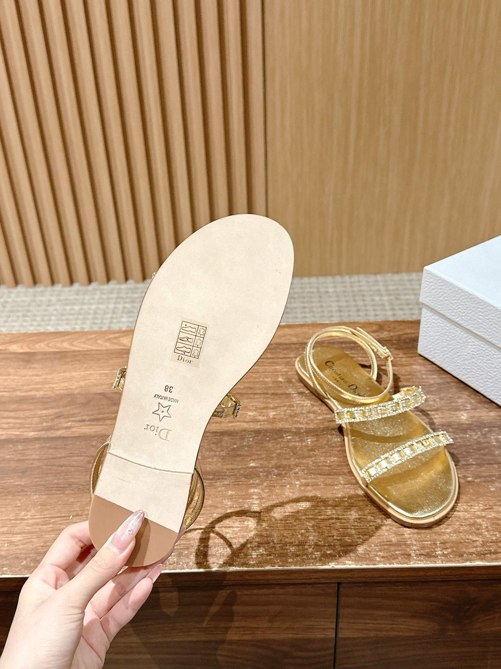 DIOR TWO-STRAP RHINESTONE SANDALS IN GOLD LAMBSKIN