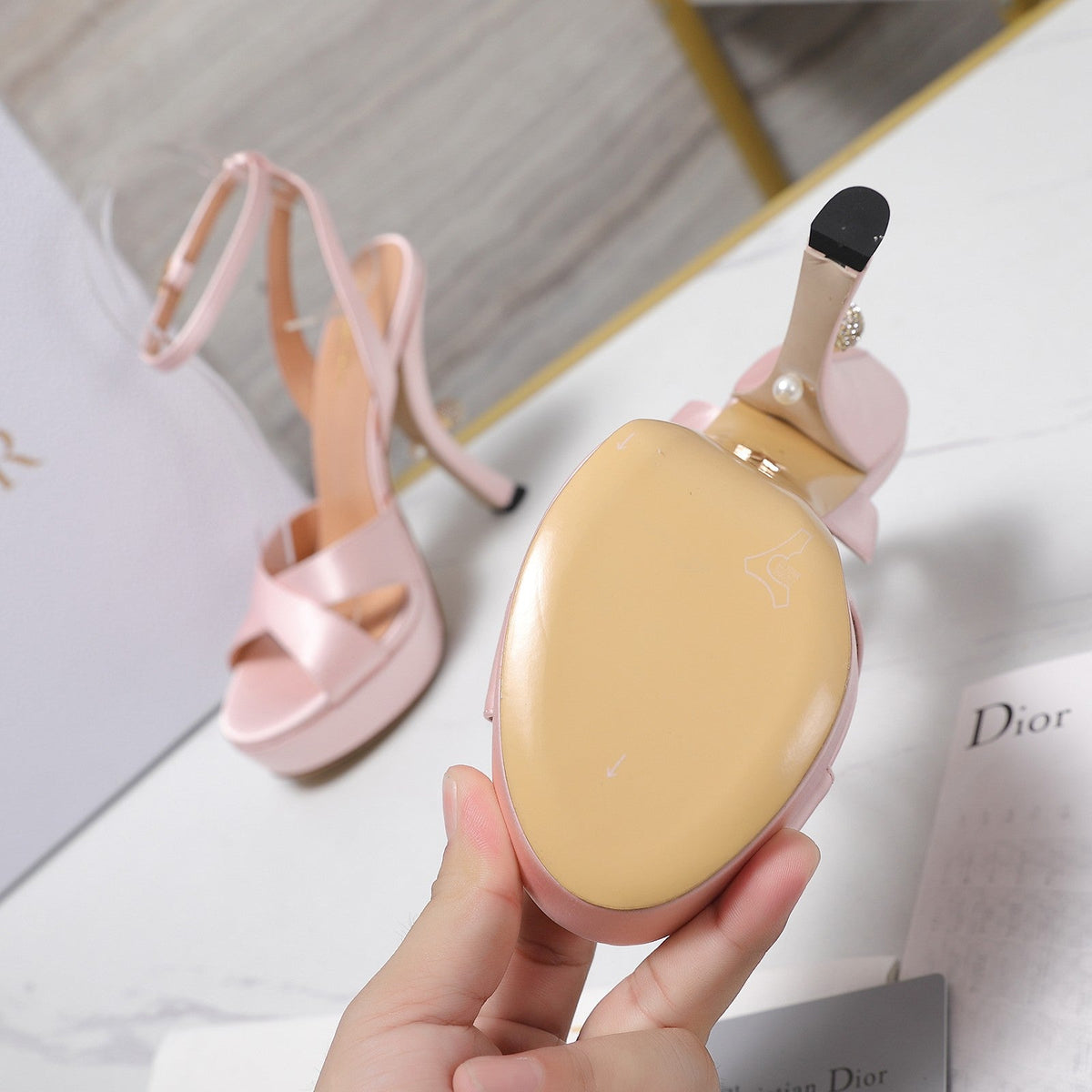 DIOR PEARL-EMBELLISHED HIGH HEEL SANDALS 25S 115 MM IN LIGHT PINK SATIN