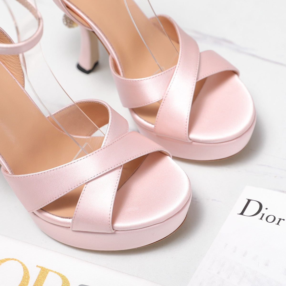 DIOR PEARL-EMBELLISHED HIGH HEEL SANDALS 25S 115 MM IN LIGHT PINK SATIN