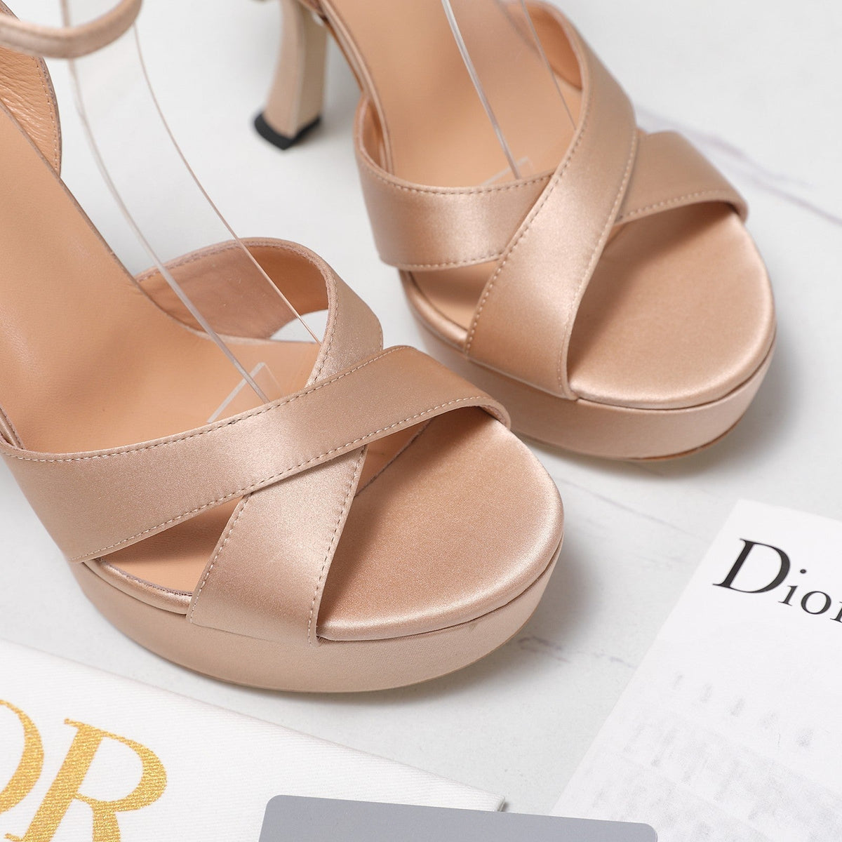 DIOR PEARL-EMBELLISHED HIGH HEEL SANDALS 25S 115 MM IN BEIGE SATIN
