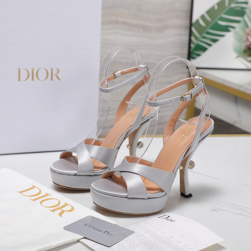 DIOR PEARL-EMBELLISHED HIGH HEEL SANDALS 25S 115 MM IN SILVER SATIN