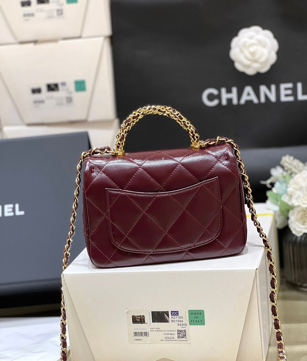 CHANEL TOP HANDLE 19 IN WINE RED LAMBSKIN GOLD HARDWARE