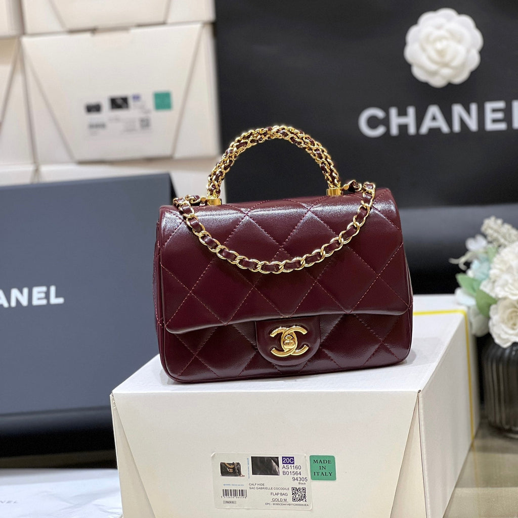 CHANEL TOP HANDLE 19 IN WINE RED LAMBSKIN GOLD HARDWARE
