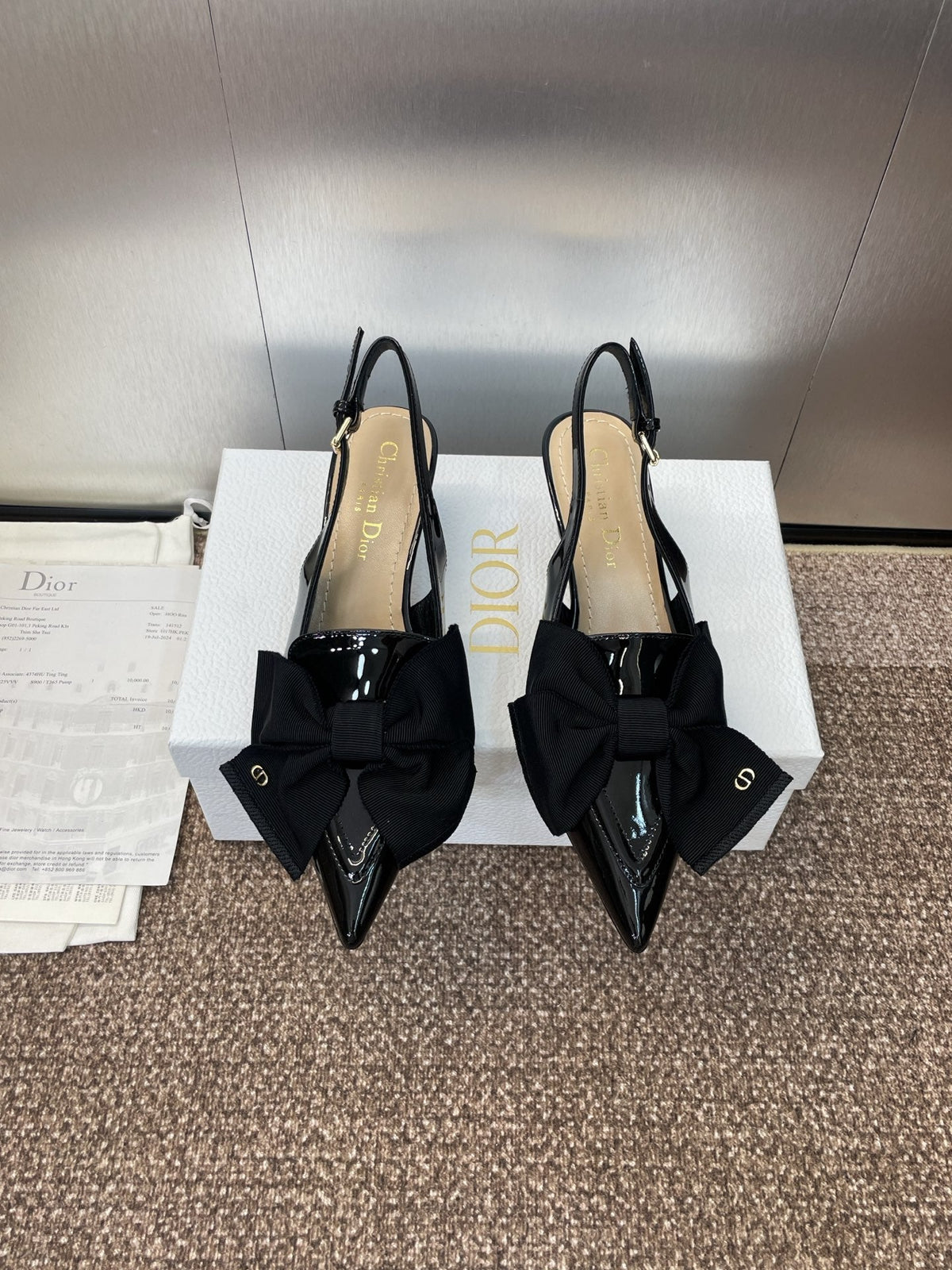 DIOR 25S SLINGBACK PUMP 55MM IN BLACK PATENT CALFSKIN AND GROSGRAIN
