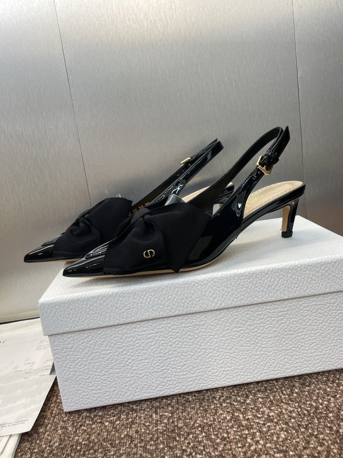 DIOR 25S SLINGBACK PUMP 55MM IN BLACK PATENT CALFSKIN AND GROSGRAIN