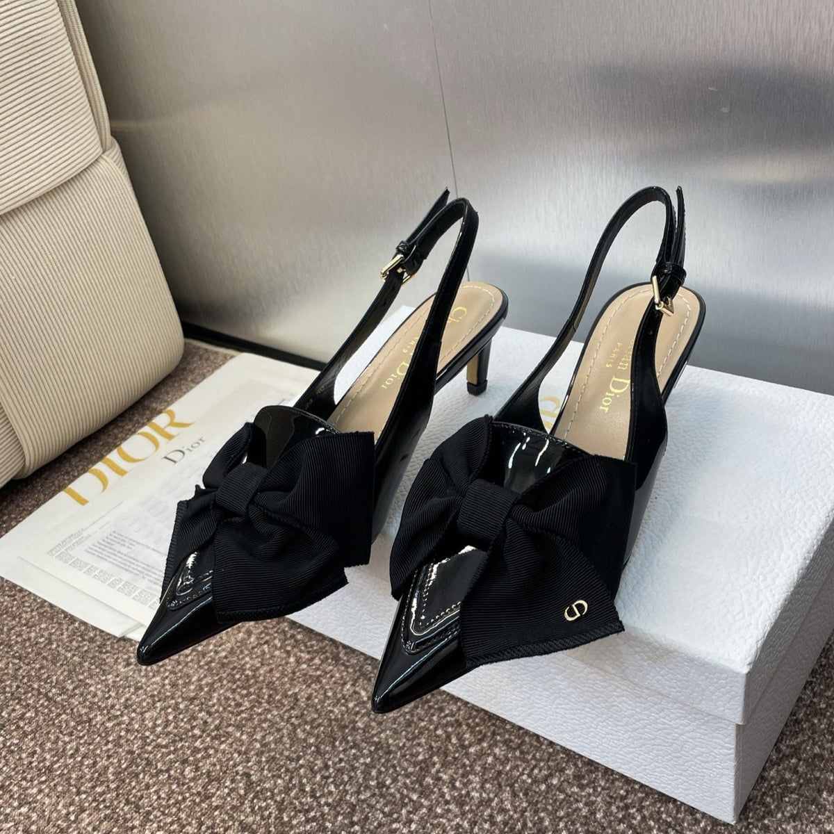 DIOR 25S SLINGBACK PUMP 55MM IN BLACK PATENT CALFSKIN AND GROSGRAIN